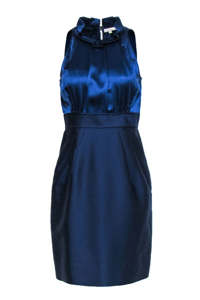 Current Boutique-Shoshanna - Cobalt Midnight Silk & Wool High-Neck Sheath Dress w/ Ruffles Sz 6