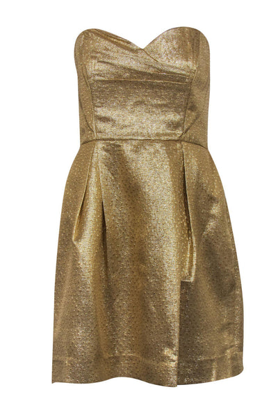 Current Boutique-Shoshanna - Gold Sparkly Textured Pleated Strapless Sheath Dress Sz 8