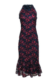 Current Boutique-Shoshanna Midnight - Navy & Maroon Floral Lace Sleeveless Midi Dress w/ Eyelet Trim Sz 8
