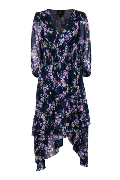 Current Boutique-Shoshanna Midnight - Navy & Multicolor Metallic Floral High-Low Dress Sz 8