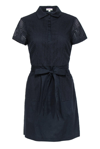 Current Boutique-Shoshanna - Navy Cotton Collared Fit & Flare Eyelet Dress Sz 6