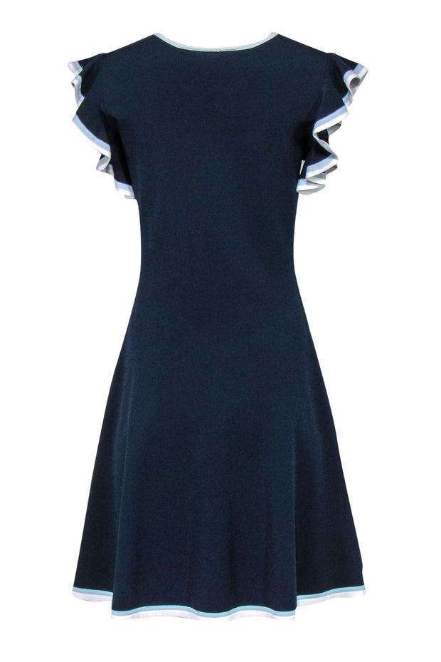 Current Boutique-Shoshanna - Navy Knit Ruffled Sleeve Dress w/ Piping Sz L