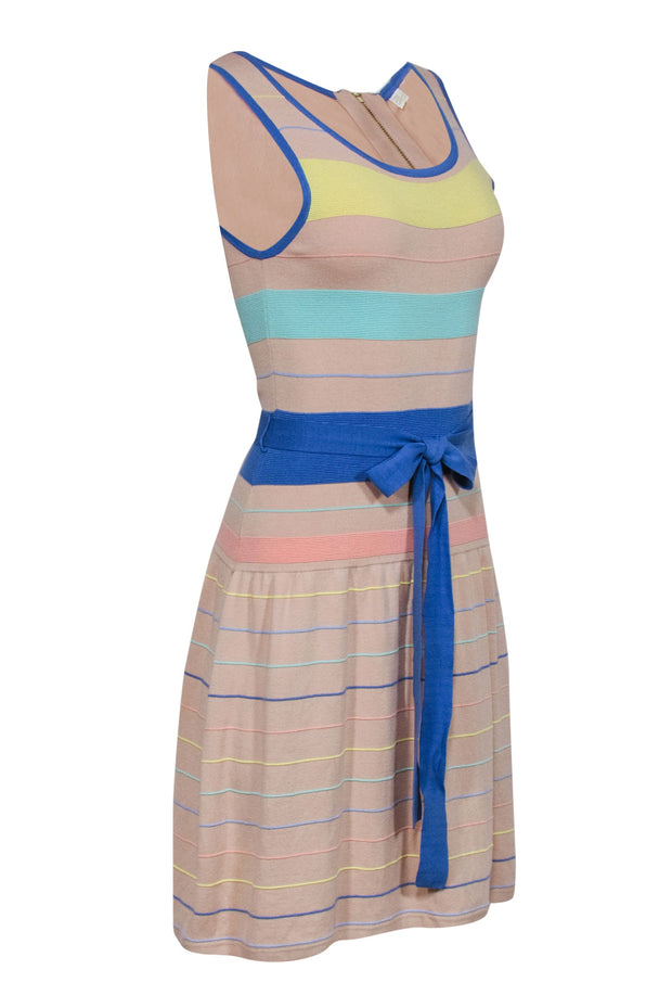 Current Boutique-Shoshanna - Nude & Pastel Knit Stripe Fit & Flare Dress w/ Tie Sz S