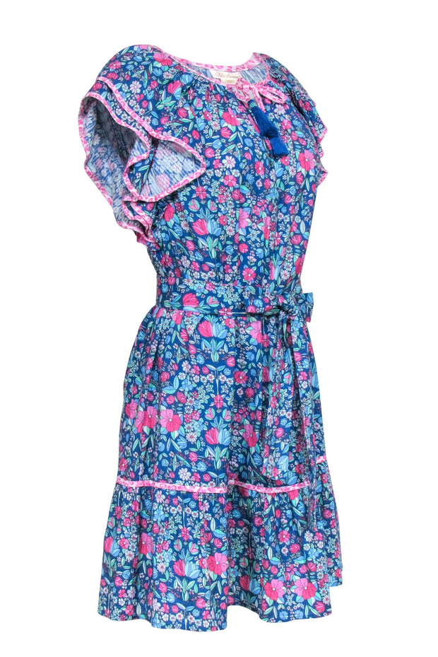 Current Boutique-Shoshanna - Teal & Pink Floral Cotton Swing Dress w/ Tie Waistline & Ruffles Sz 12