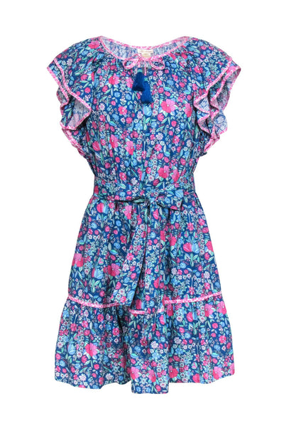 Current Boutique-Shoshanna - Teal & Pink Floral Cotton Swing Dress w/ Tie Waistline & Ruffles Sz 12