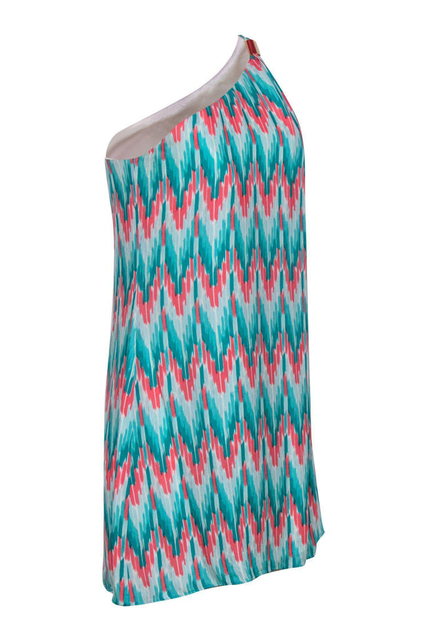 Current Boutique-Shoshanna - Turquoise & Pink Abstract Print One Shoulder Shift Dress Sz 8