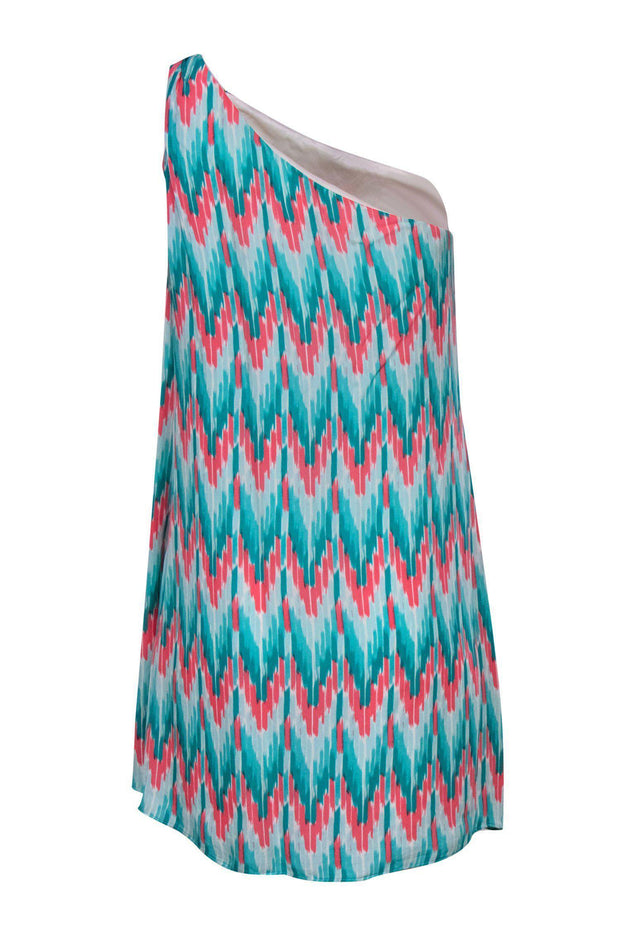 Current Boutique-Shoshanna - Turquoise & Pink Abstract Print One Shoulder Shift Dress Sz 8