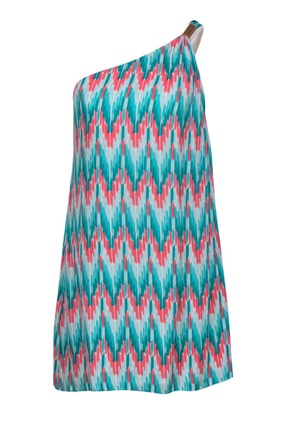 Current Boutique-Shoshanna - Turquoise & Pink Abstract Print One Shoulder Shift Dress Sz 8