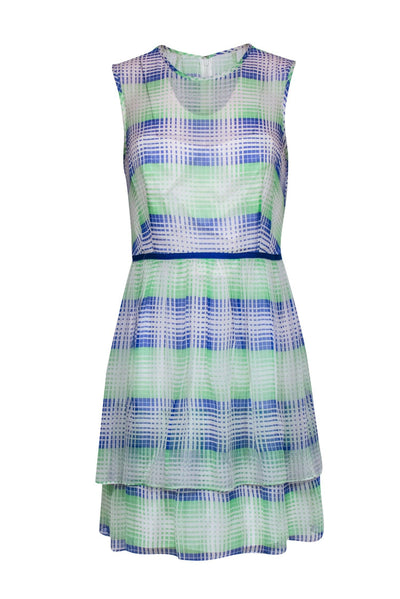 Current Boutique-Shoshanna - White, Blue & Neon Green Grid Pattern Silk Dress Sz 6