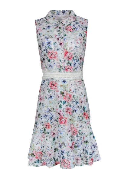 Current Boutique-Shoshanna - White Floral & Eyelet Embroidered Collared Shirtdress w/ Lace Belt