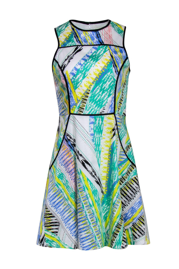 Current Boutique-Shoshanna - White & Multicolor Retro Print Dress w/ Black Piping Sz 8