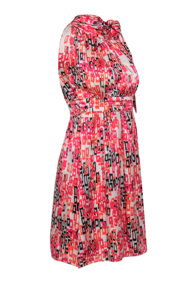 Current Boutique-Shoshanna - White & Pink Printed Satin Tied Neck Dress Sz 0
