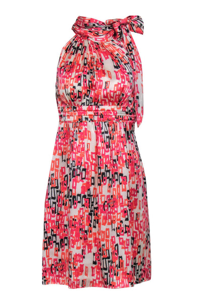 Current Boutique-Shoshanna - White & Pink Printed Satin Tied Neck Dress Sz 0
