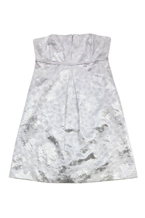 Current Boutique-Shoshanna - White & Silver Floral Brocade Strapless Dress Sz 2