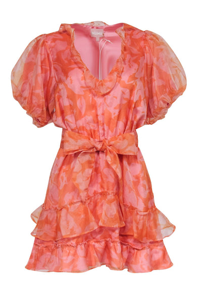 Current Boutique-Show Me Your Mumu - Orange & Pink Ruffle Puff Sleeve Mini Dress Sz L