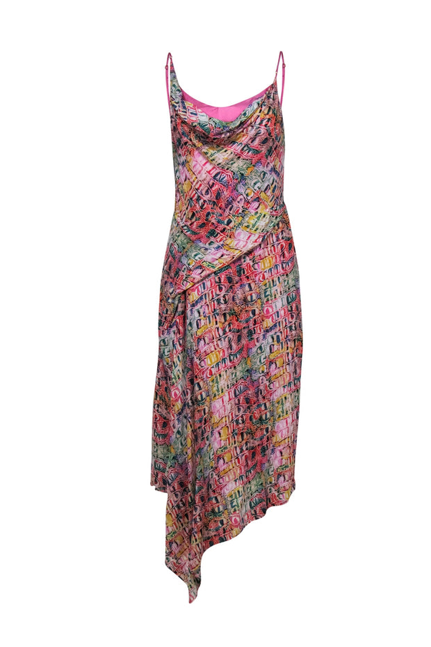Current Boutique-Sies Marjan - Pink, Blue & Red Snakeskin Print Midi Dress w/ Asymmetric Hem Sz 4