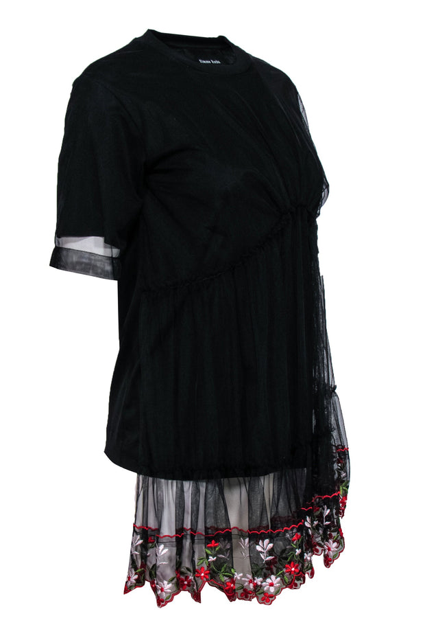 Current Boutique-Simone Rocha - Black Short Sleeve T-Shirt w/ Embroidered Tulle Overlay Sz XS