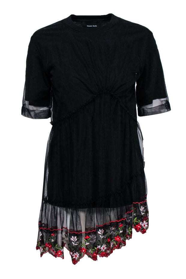 Current Boutique-Simone Rocha - Black Short Sleeve T-Shirt w/ Embroidered Tulle Overlay Sz XS