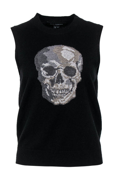 Current Boutique-Skull Cashmere - Black Cashmere Sleeveless Skull Print Sweater Sz M