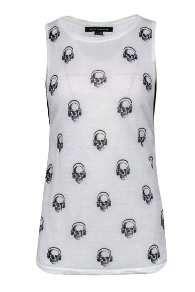 Current Boutique-Skull Cashmere - White & Black Skull Print Linen Tank w/ Black Paneling Sz XS