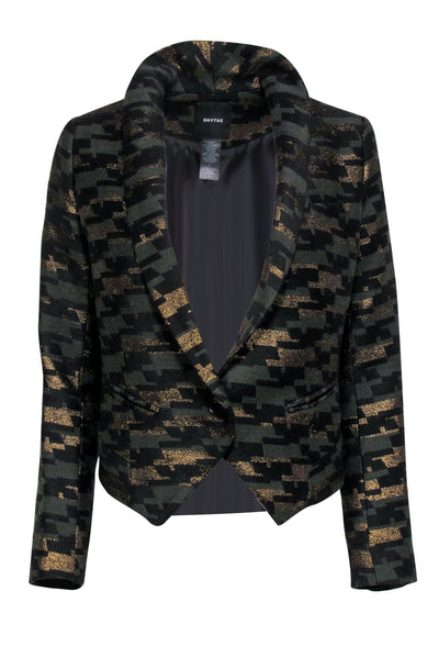 Current Boutique-Smythe - Green & Gold Camouflage-Style Cropped Blazer Sz 4