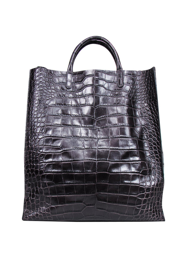 Current Boutique-Smythson - Black Large Crocodile Tote Bag w/ Shoulder Strap