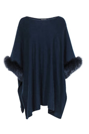 Current Boutique-Sofia Cashmere - Navy Longline Cashmere Sweater w/ Fur Trim OS