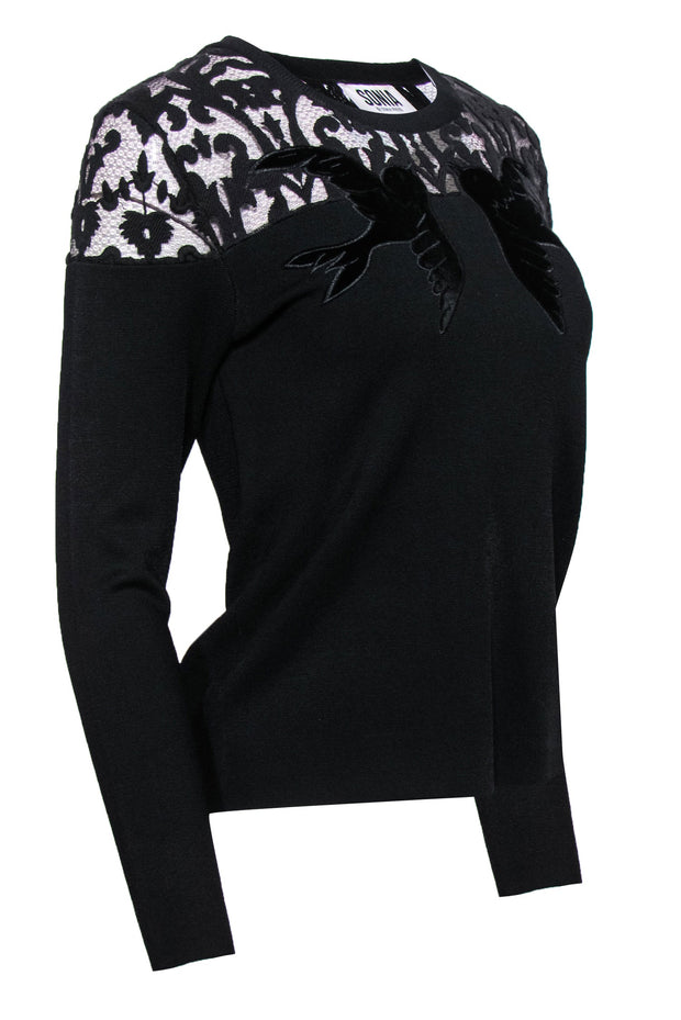 Current Boutique-Sonia Rykiel - Black Sweater w/ Velvet Bird Embroidery & Lace Trim Sz M