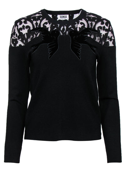Current Boutique-Sonia Rykiel - Black Sweater w/ Velvet Bird Embroidery & Lace Trim Sz M
