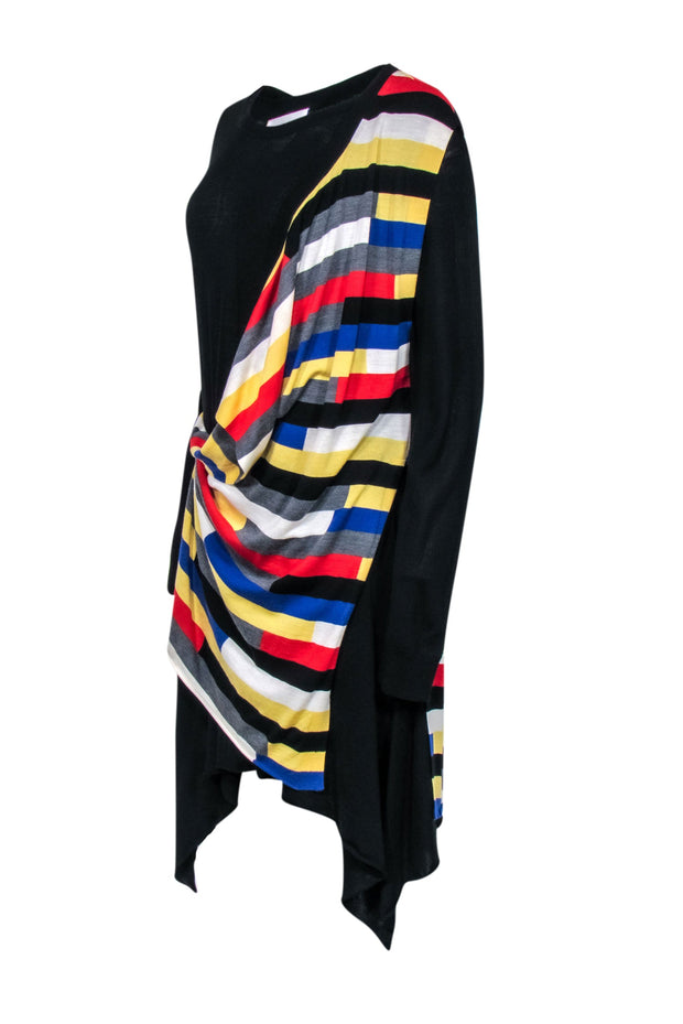 Current Boutique-Sonia Rykiel - Black Wool Faux Wrap Dress w/ Striped Overlay Sz L