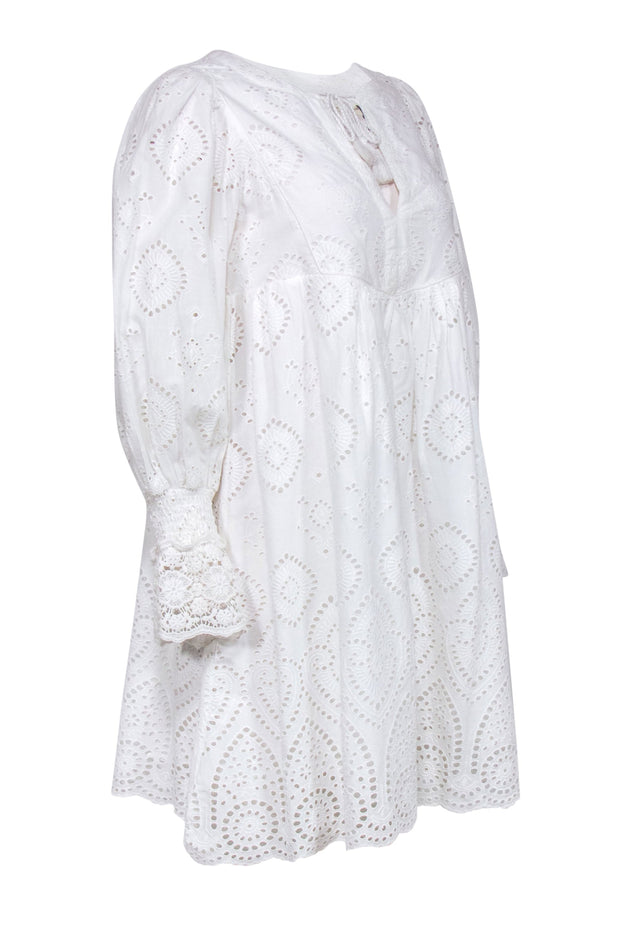 Current Boutique-Spell & The Gypsy - White Eyelet “Dylan Smock” Shift Dress w/ Tassels & Lace Trim Sz S