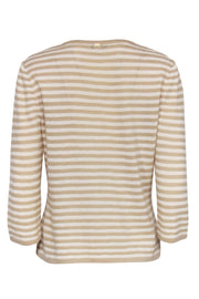Current Boutique-St. John - Beige & White Striped Knit Button-Up Cardigan Sz M