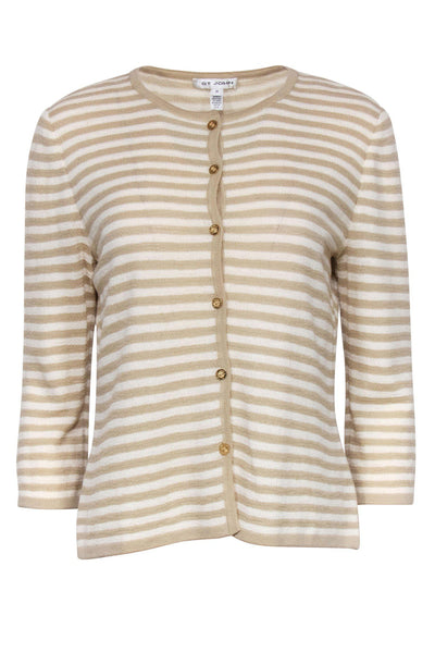 Current Boutique-St. John - Beige & White Striped Knit Button-Up Cardigan Sz M