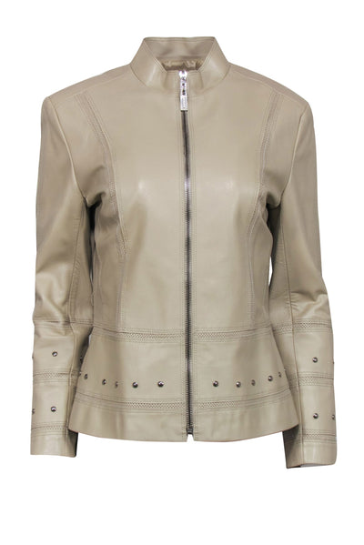 Current Boutique-St. John - Beige Zip-Up Leather Jacket w/ Studs & Laser Cut Trim Sz M