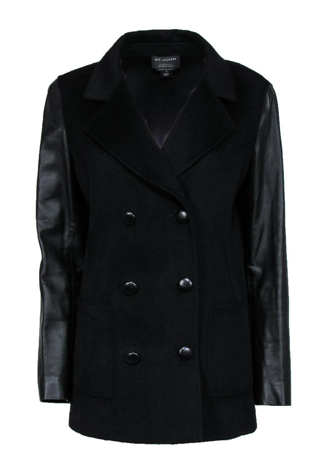 Current Boutique-St. John - Black Double Breasted Wool Blend Jacket w/ Leather Sleeves Sz 8