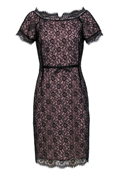 Current Boutique-St. John - Black Floral Lace Beaded Sheath Dress w/ Light Pink Underlay Sz 4