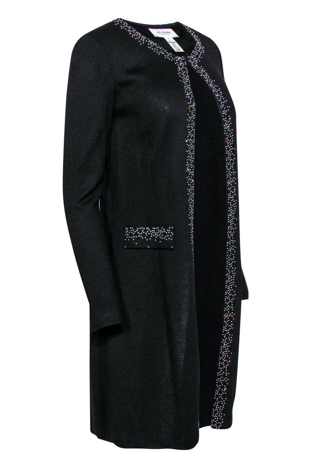 Current Boutique-St. John - Black Knit Longline Cardigan w/ Rhinestones Sz 4