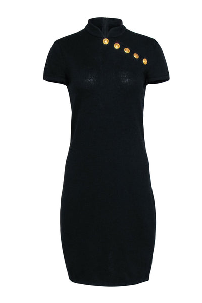 Current Boutique-St. John - Black Knit Sheath Dress w/ Mandarin Collar & Gold Buttons Sz 6