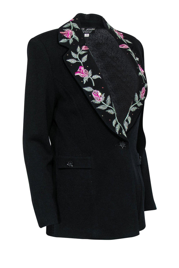 Current Boutique-St. John - Black Knit Single Button Blazer w/ Floral Embroidery & Jeweled Lapels Sz 6