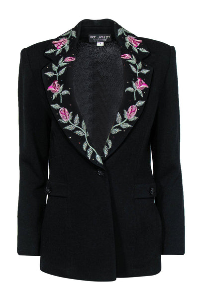 Current Boutique-St. John - Black Knit Single Button Blazer w/ Floral Embroidery & Jeweled Lapels Sz 6