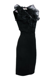 Current Boutique-St. John - Black Knit Sleeveless Midi Dress w/ Ruffle Tulle Neckline Sz 12