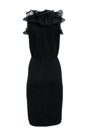 Current Boutique-St. John - Black Knit Sleeveless Midi Dress w/ Ruffle Tulle Neckline Sz 12