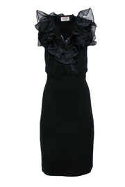 Current Boutique-St. John - Black Knit Sleeveless Midi Dress w/ Ruffle Tulle Neckline Sz 12