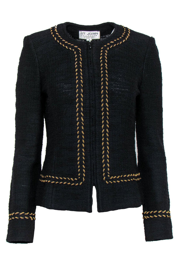 Current Boutique-St. John - Black Knit Zip-Up Jacket w/ Gold Chain Trim Sz 4