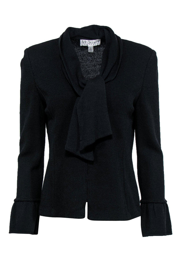 Current Boutique-St. John - Black Knit Zip-Up Tie-Neck Jacket Sz 4