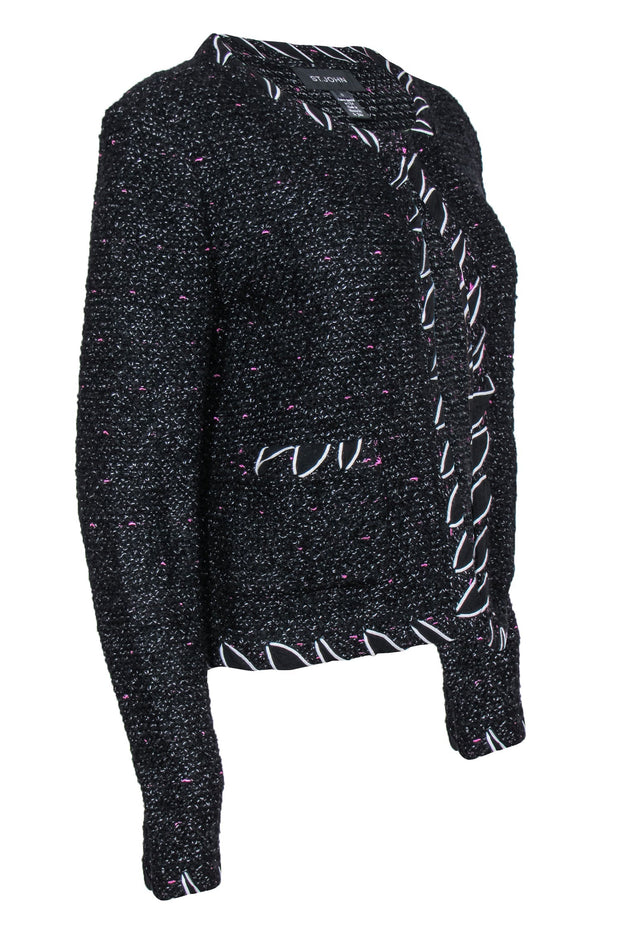 Current Boutique-St. John - Black & Pink Marbled Knit Jacket w/ Ribbon Trim Sz 10
