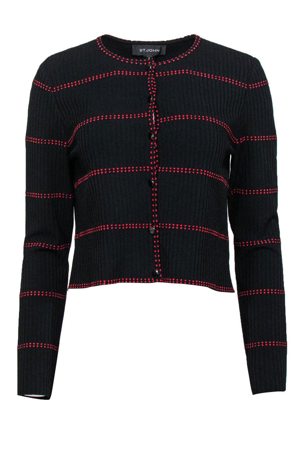 Current Boutique-St. John - Black & Red Striped Ribbed Button-Up Cardigan Sz 8