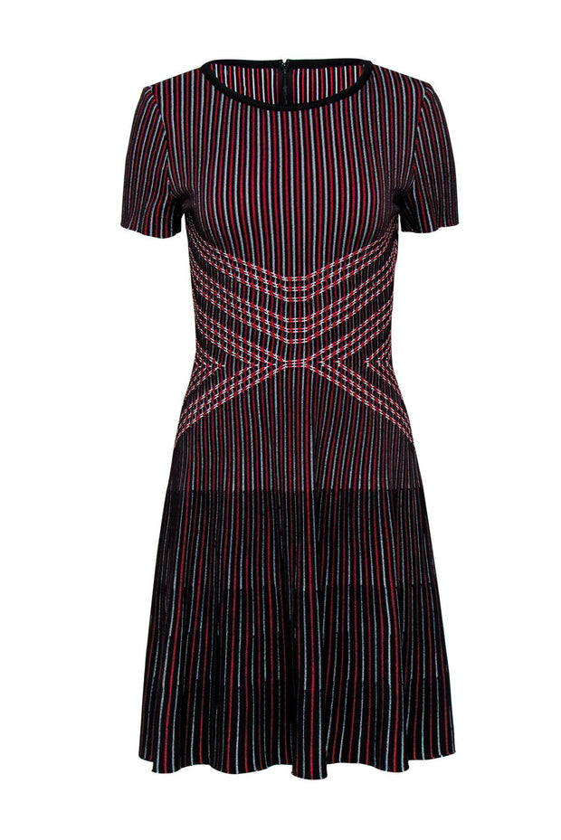 Current Boutique-St. John - Black, Red & White Striped Knit Fit & Flare Dress Sz 4