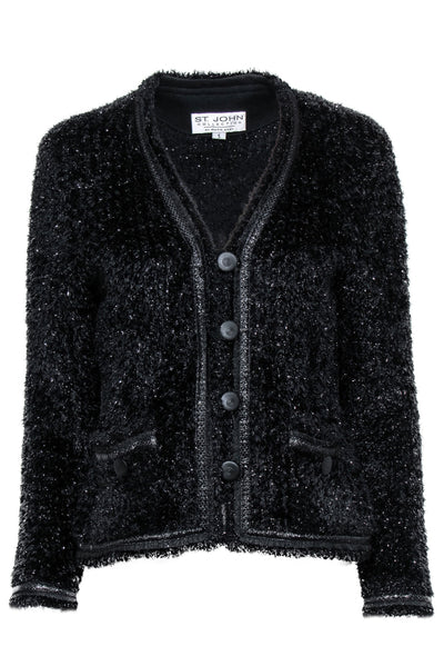 Current Boutique-St. John - Black Sparkly Tinsel Snap & Button-Up Wool Blend Knit Jacket Sz S