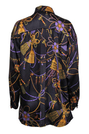 Current Boutique-St. John - Black Tassel Floral Pattern Silk Top Sz 2